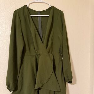Olive green wrap ruffled dress L